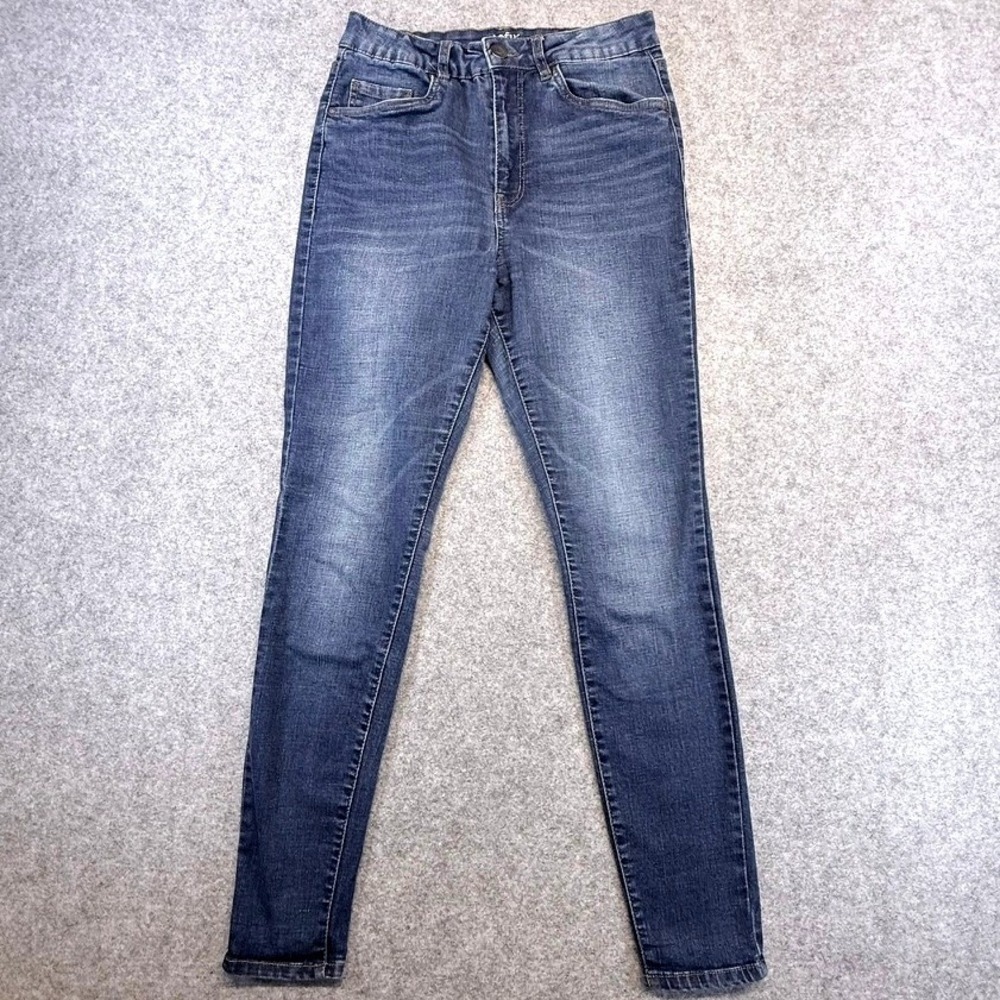 Womens High‎ Waisted Skinny Jeans Medium Wash Blue Stretch Classic Whiskering